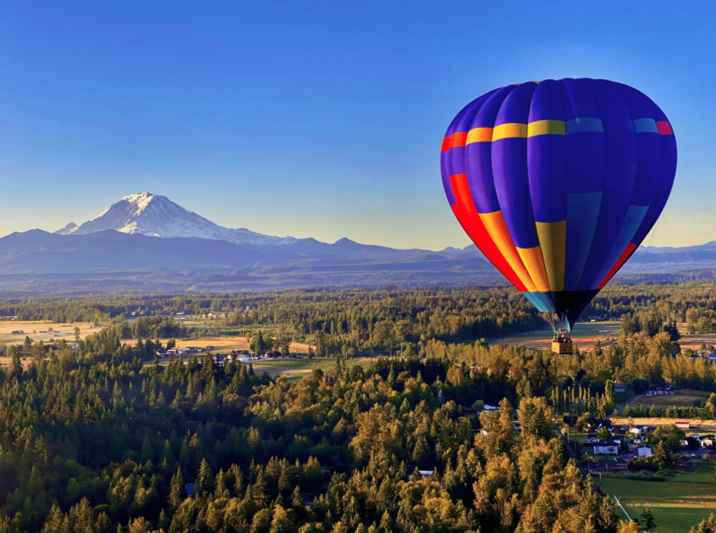 Hot air Balloon in front of Mt. Rainier