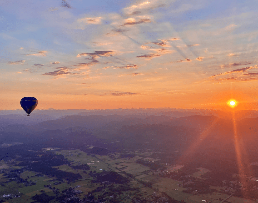 Looking east up the Green River toward the Cascade mountains at sunrise 4500 feet in a hot air balloon