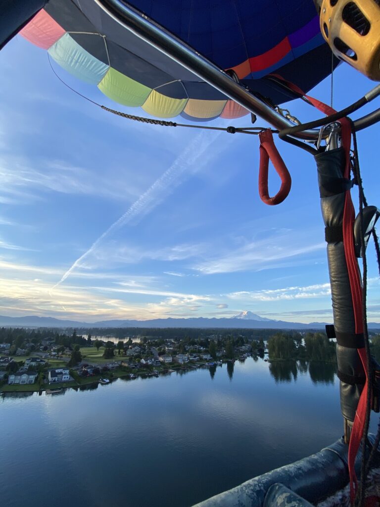 View of Mt. Rainier and Lake Tapps from 500 feet in a hot air balloon