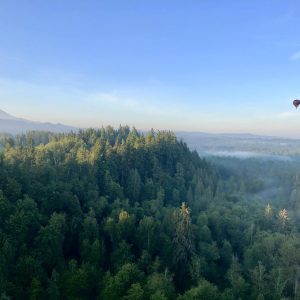 View of Mt. Rainier from 500 feet in a hot air balloon above pine trees